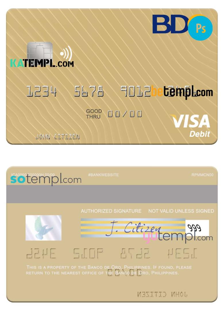 Philippines Banco de Oro visa debit card, fully editable template in PSD forma